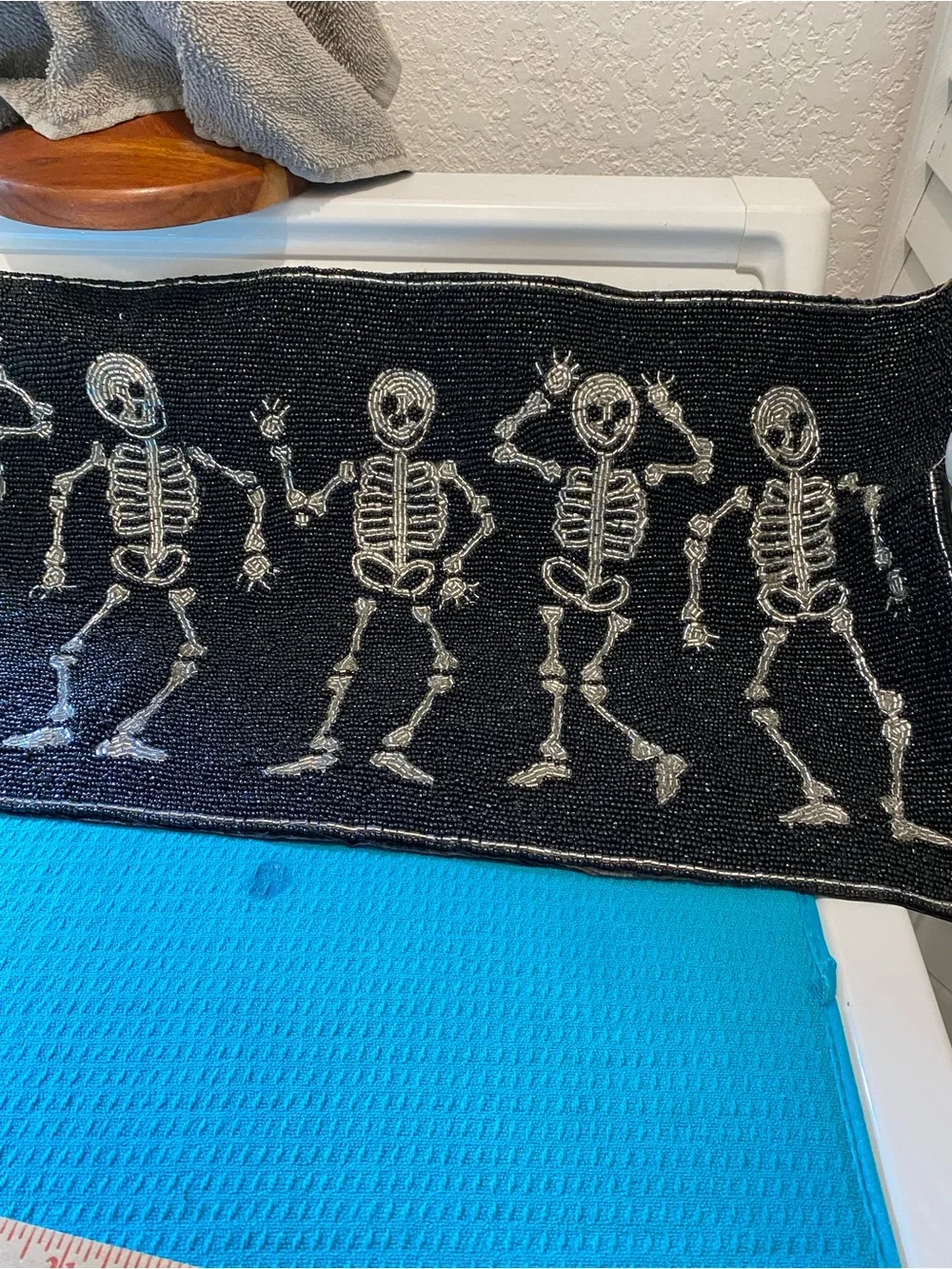 Table Runner Halloween Beaded “Dancing Skeletons” 13x36 Black/Sliver NWT